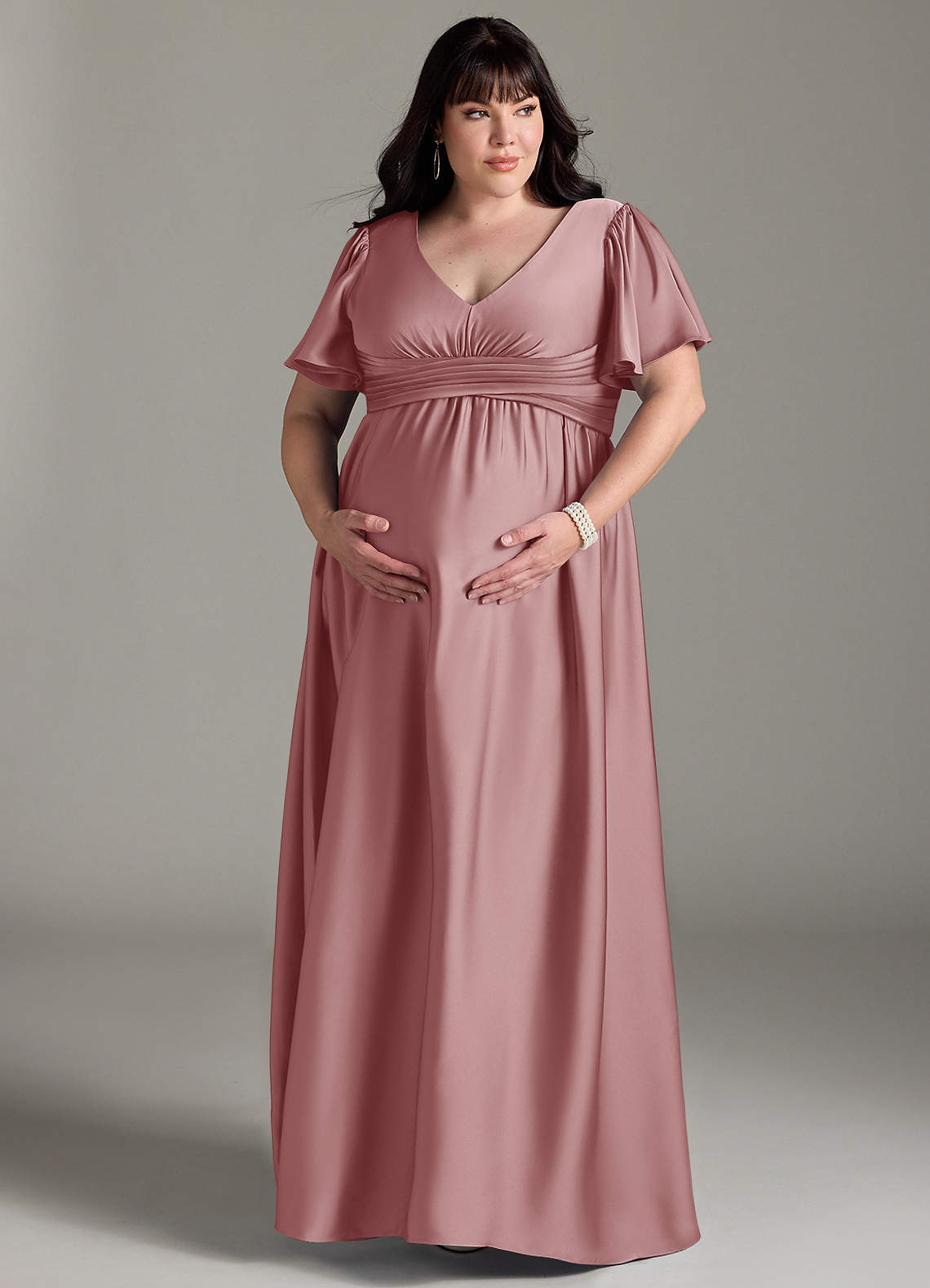 Azazie Verna vestidos de dama de honor de maternidad Vestido de Corte en A Volante Hasta el suelo Satén Elástico image12