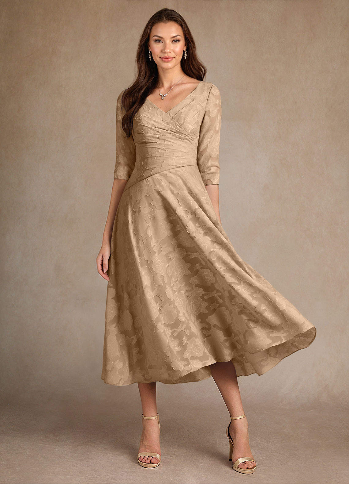 Azazie Durant Mother of the Bride Dresses Champagne A-Line Pleated Floral Burnout Dress image1
