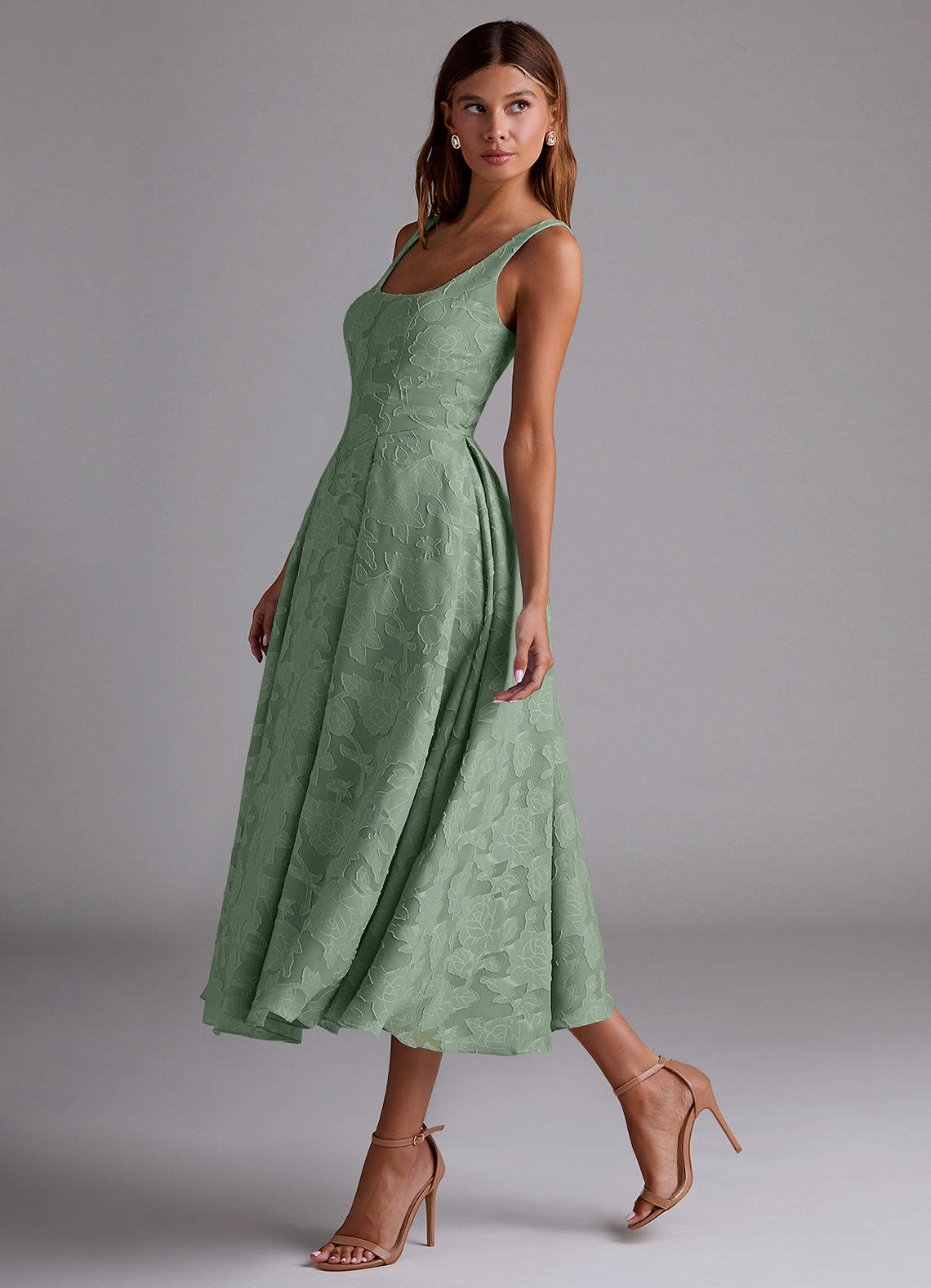 Azazie Amalie Bridesmaid Dresses Matcha A-Line Pleated Floral Burnout Dress image3