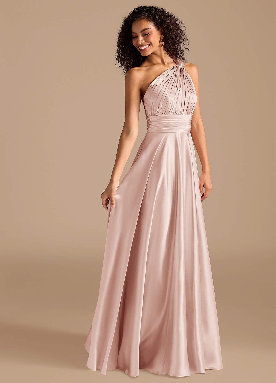 Azazie Charlize Brudtärnklänningar Klä av A-Linje i Metallisk satin Ena axeln Rodnande Rosa image5