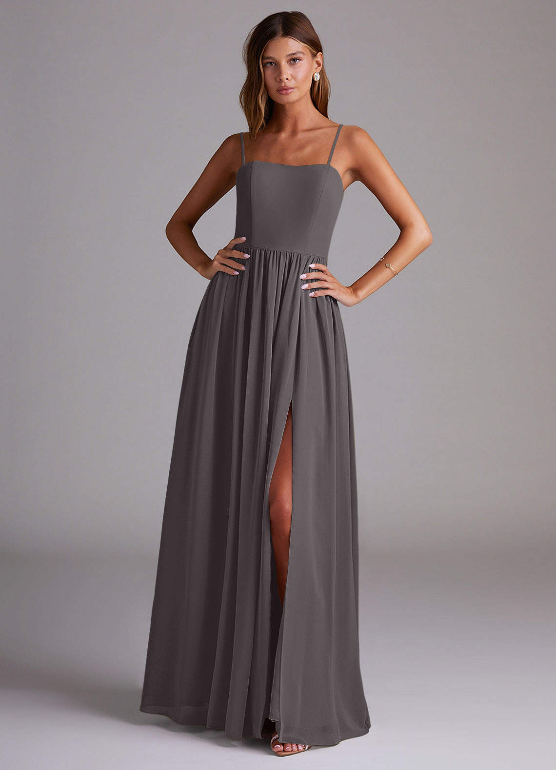 Azazie Calianna Bridesmaid Dresses Steel Grey A-Line Off the Shoulder Chiffon Convertible Dress image1