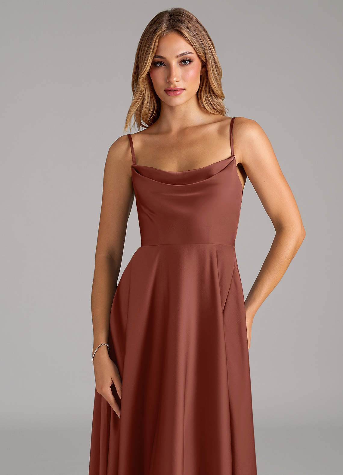 Azazie Elle Bridesmaid Dresses Auburn A-Line Pleated Stretch Satin Dress image1