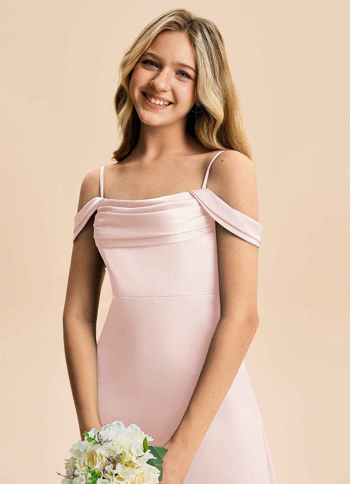 Azazie Lettie Junior Blushing Pink A-Line Off the Shoulder Stretch Satin Dress image4