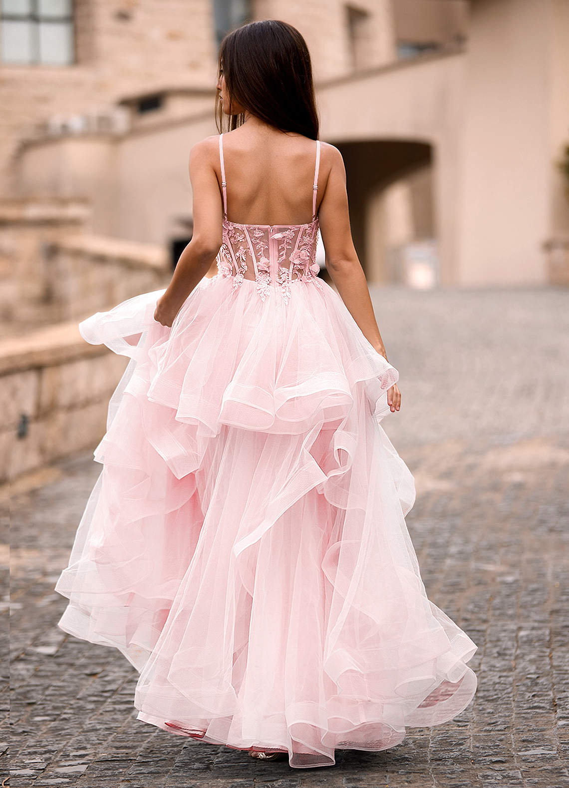 Azazie Blushing Pink 3D Flowers Ruffles V Neck Formal Dress