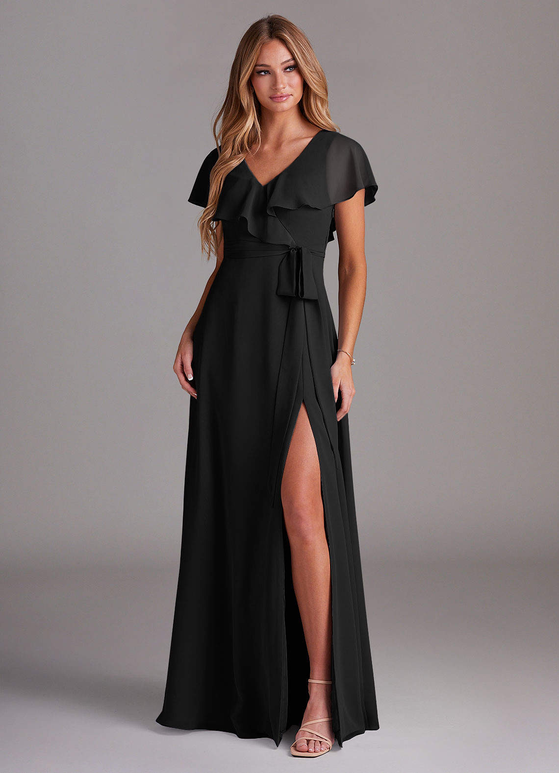 Azazie Lainey Bridesmaid Dresses Black A-Line with Pockets Chiffon Dress image2