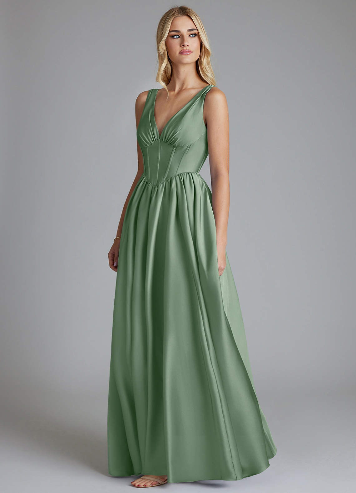 Azazie Delmie Vestidos de madrinha de casamento Vestido Matchá de Cetim elástico de Linha A com Corpete image3