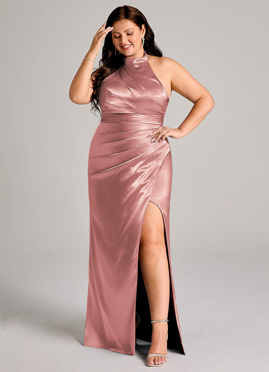 Azazie Jemma Bridesmaid Dresses Dusty Rose Sheath Pleated Metallic Satin Dress image1