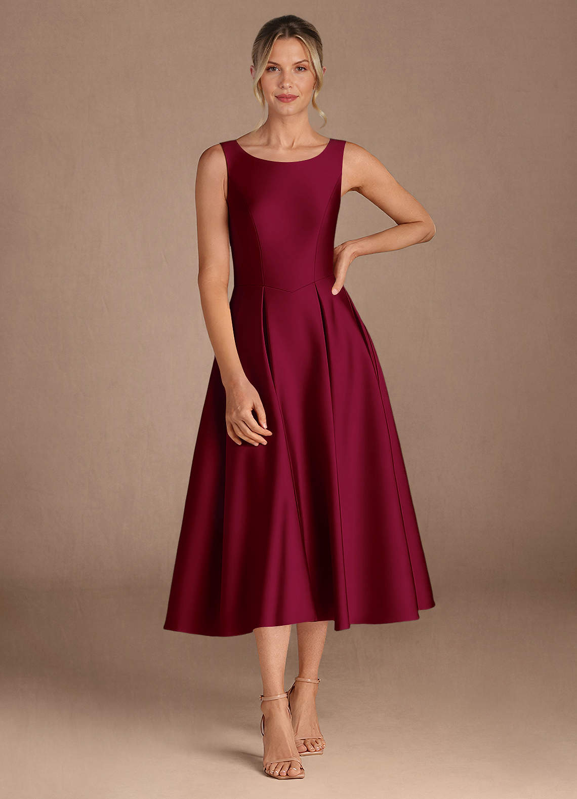 Azazie Fulton Abiti per la Madre della Sposa Abito A-Line in Raso Elasticizzato Plissettato Borgogna image3