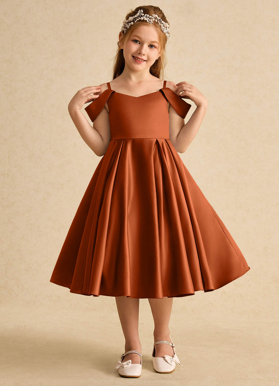 Azazie Favia Flower Girl Dresses Burnt Orange A-Line Off the Shoulder Matte Satin Dress image3