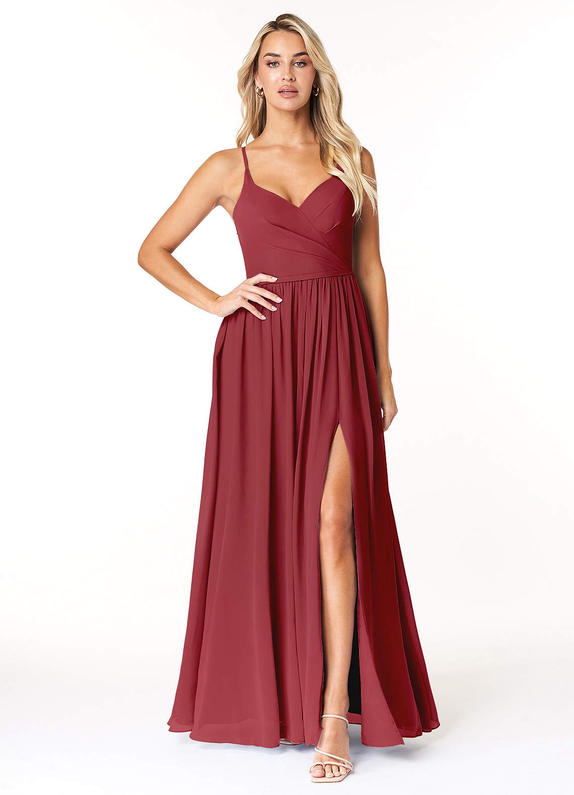 Azazie Dominic Bridesmaid Dresses Pomegranate A-Line V-Neck Pleated Chiffon Dress image1
