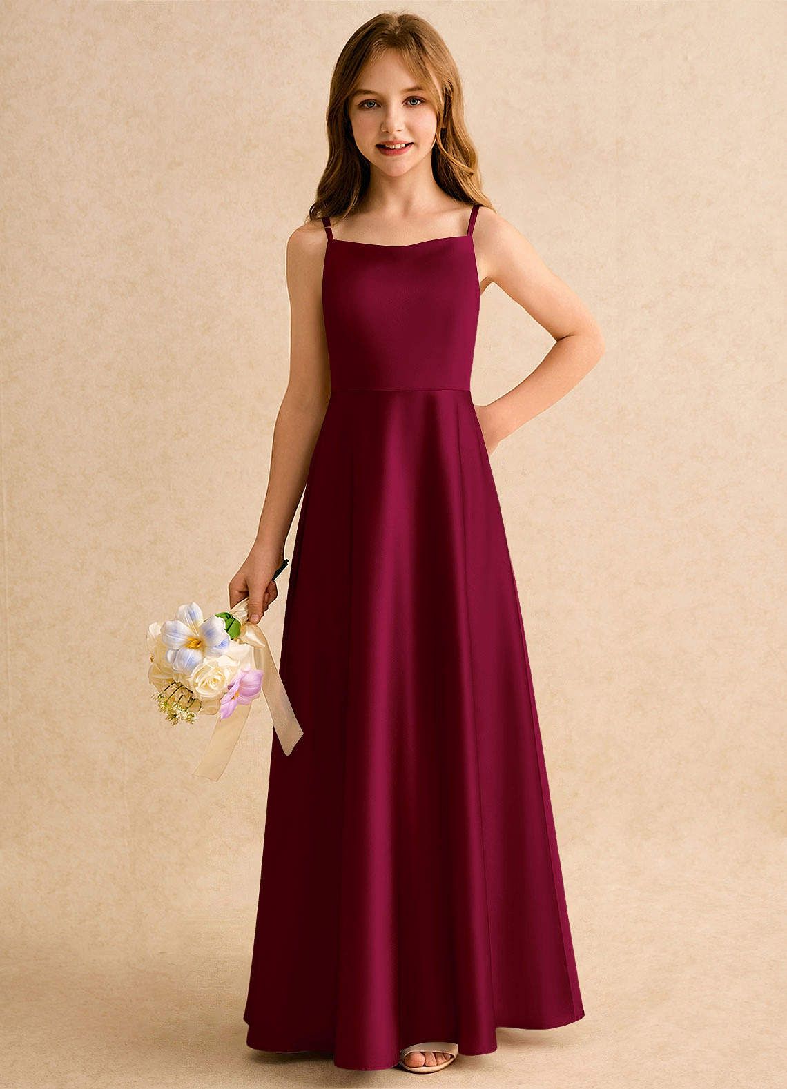 Azazie Joella Girls Formal Flower Girl Dresses Burgundy A-Line Pleated Stretch Satin Dress image2