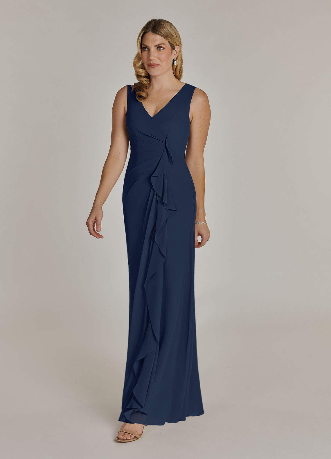 Azazie Manuella Dark Navy A-Line V-Neck Pleated Chiffon Dress | Azazie