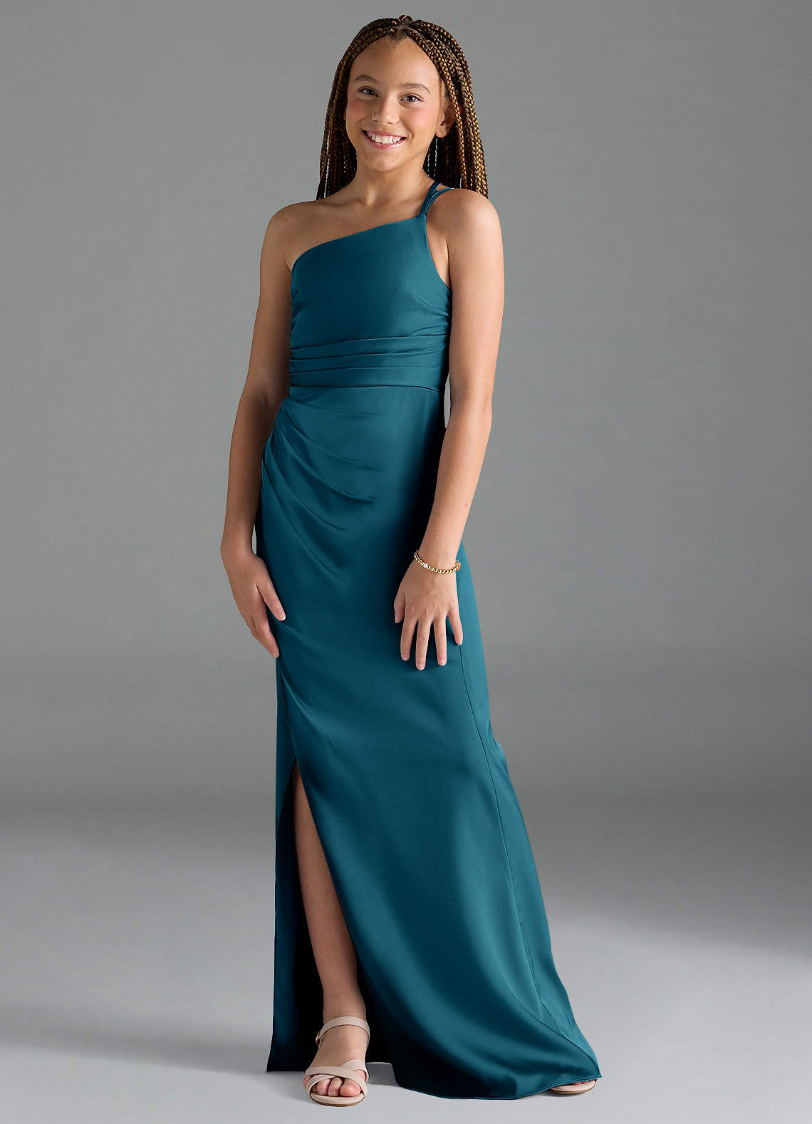 Azazie Eren Junior Ink Blue Sheath Pleated Stretch Satin Dress image1