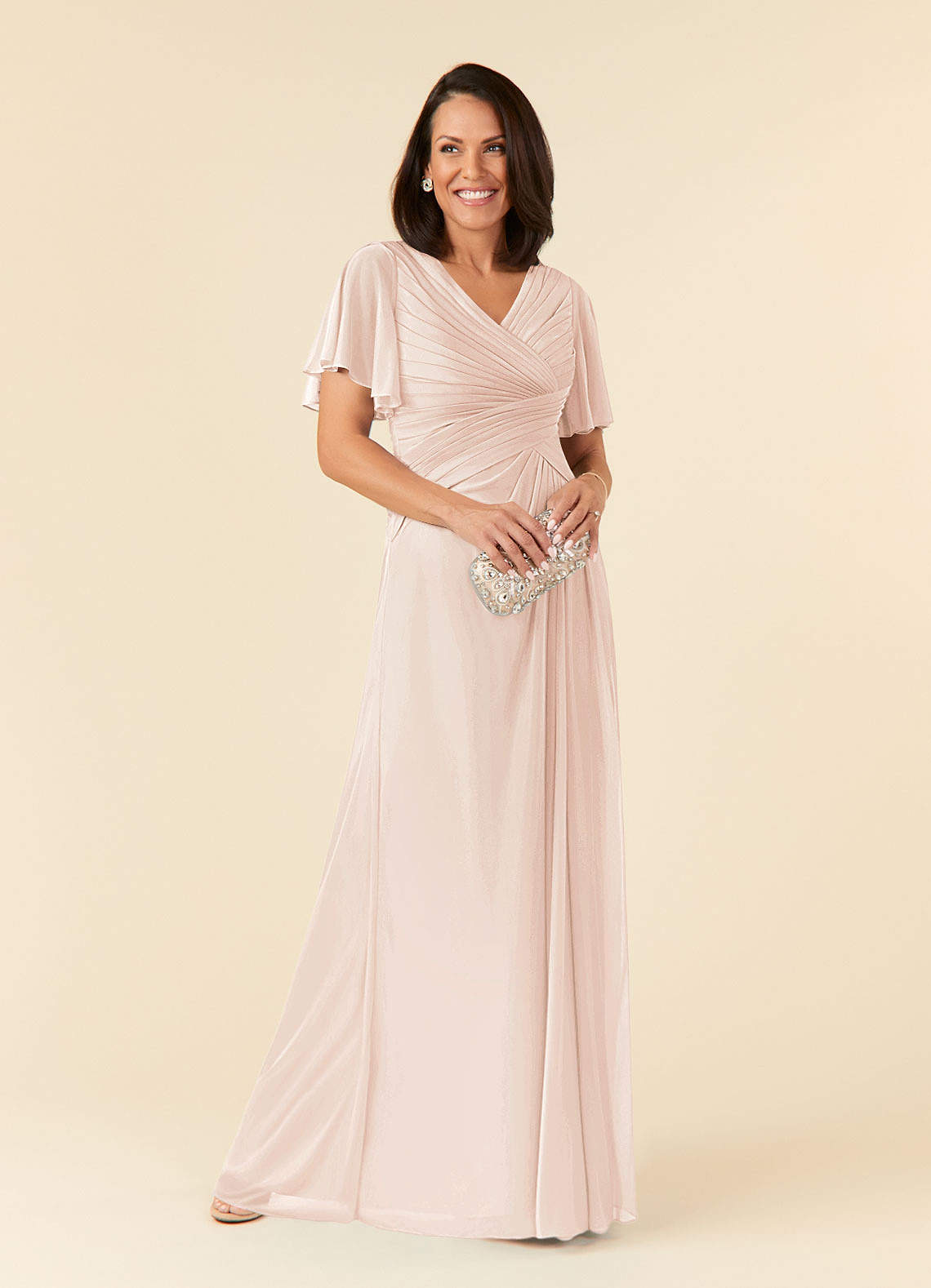 Azazie Emmeline Mother of the Bride Dresses Blushing Pink A-Line V-Neck Pleated Mesh Dress image1