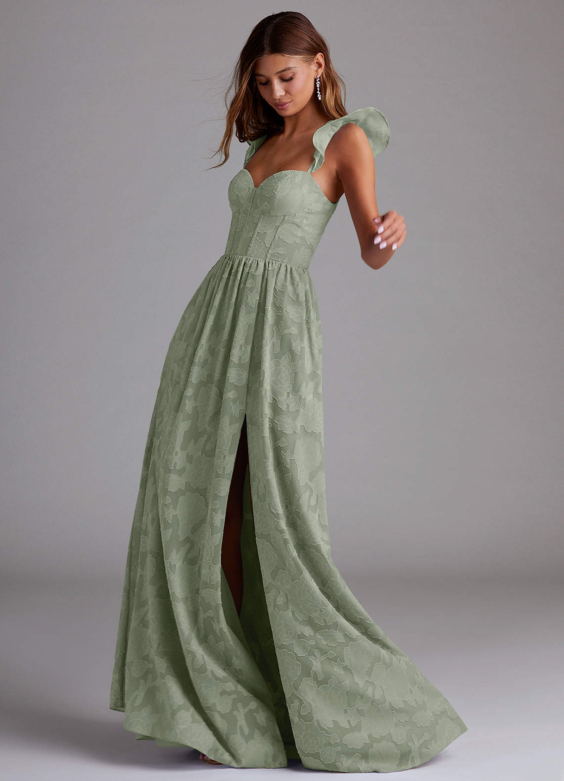 Azazie Denisse Bridesmaid Dresses Agave A-Line Ruched Floral Burnout Dress image1