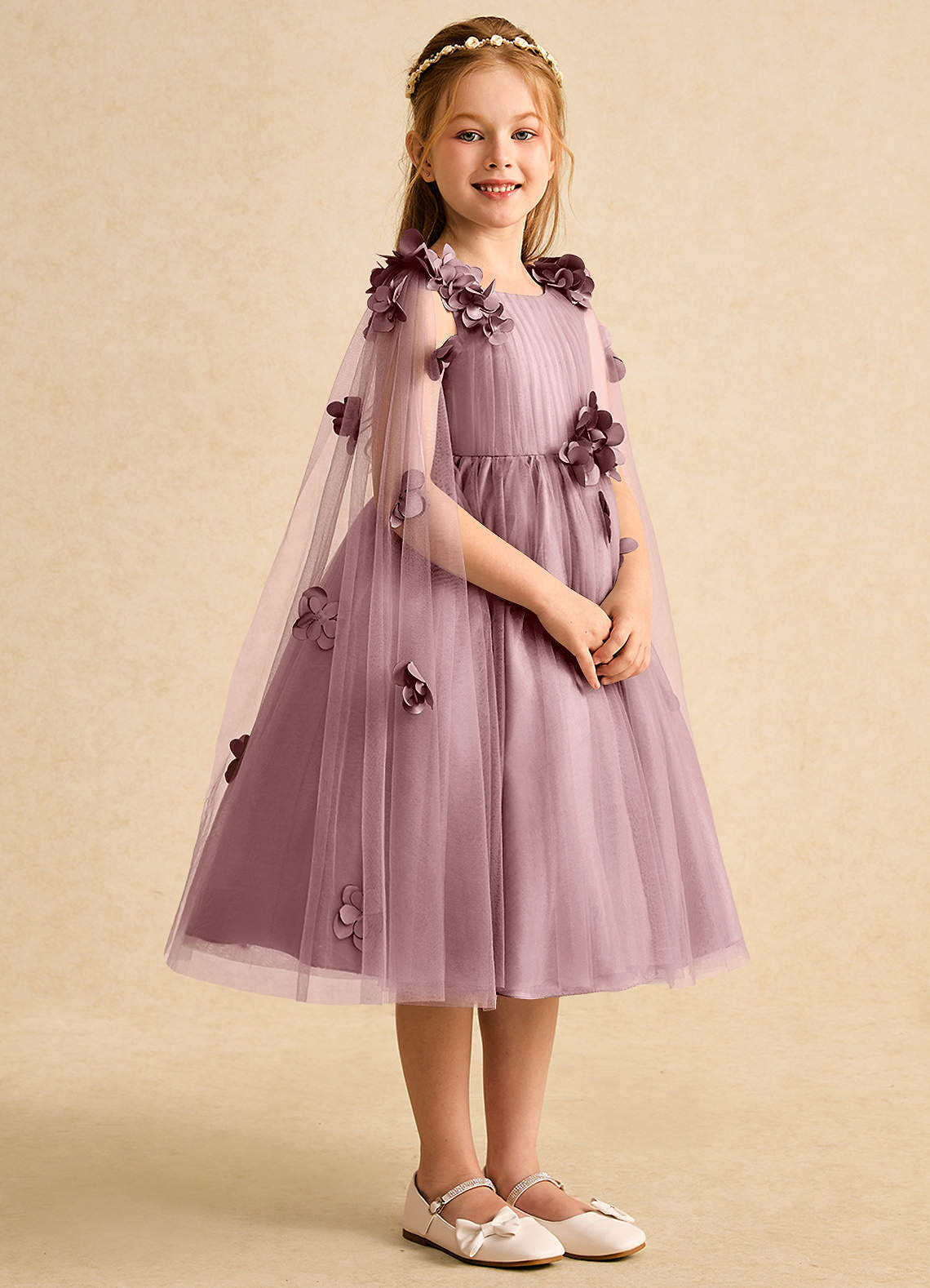 Azazie Staria Flower Girl Dresses Dusty Rose Ball-Gown Ruched Tulle Dress image7