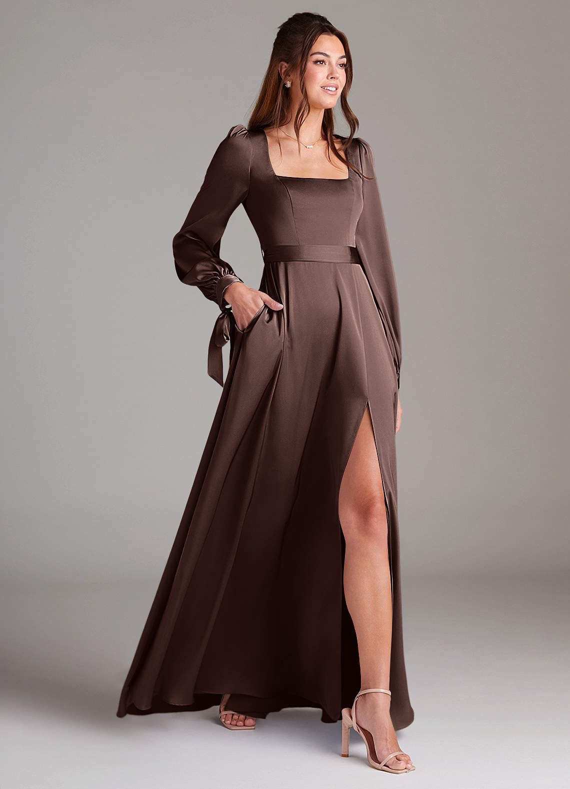 Azazie Leonia Bridesmaid Dresses Ganache A-Line Long Sleeve Stretch Satin Dress image3