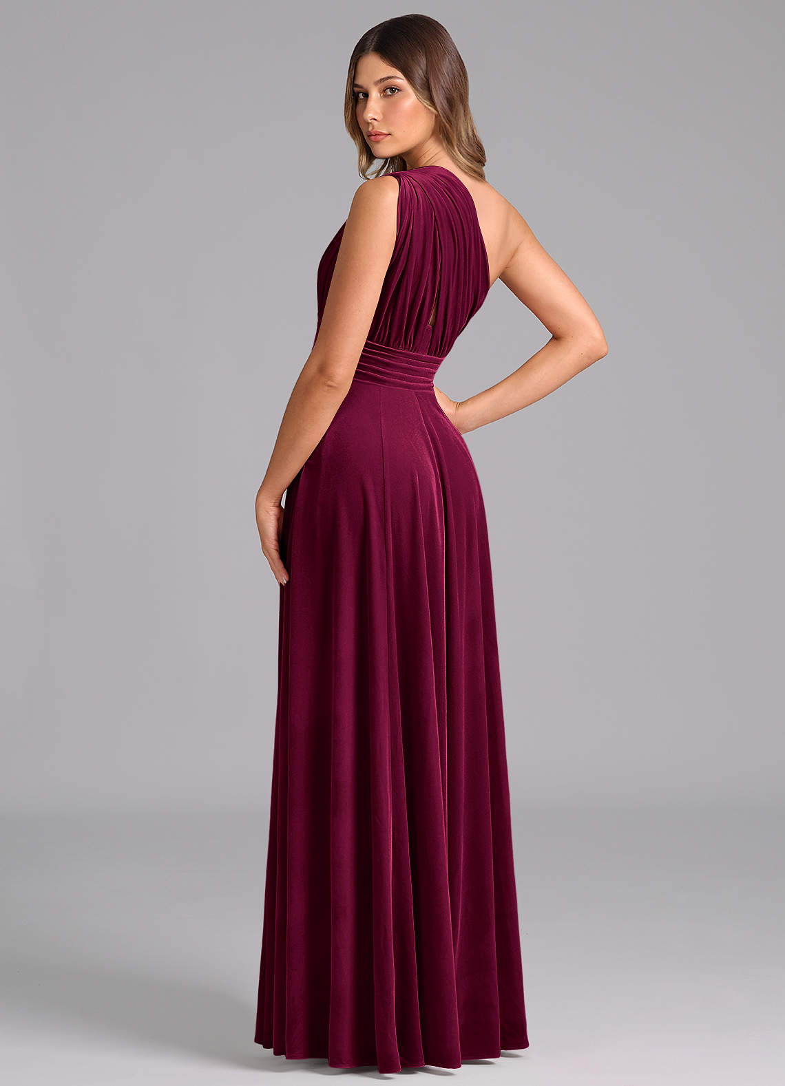 Azazie Charlize Bridesmaid Dresses Cabernet A-Line One Shoulder Velvet Dress image1