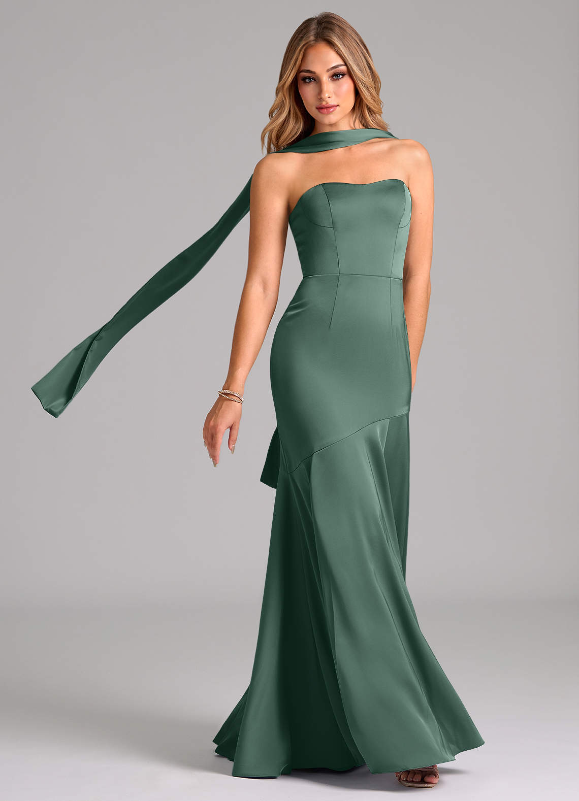 Azazie Shiloh Bridesmaid Dresses Eucalyptus Mermaid Strapless Stretch Satin Convertible Dress image1