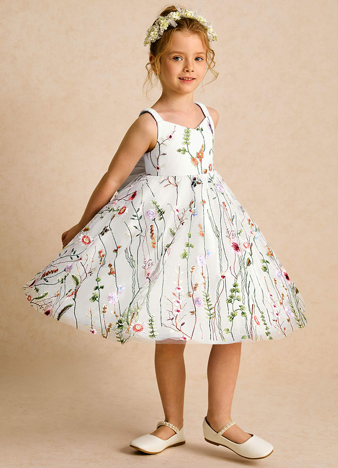 Azazie Peppa Flower Girl Dresses Ivory Taupe A-Line Sweetheart Neckline Tulle Dress image1
