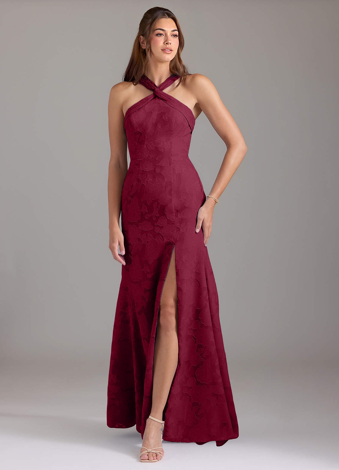 Azazie Rue Bridesmaid Dresses Burgundy A-Line Pleated Floral Burnout Dress image1