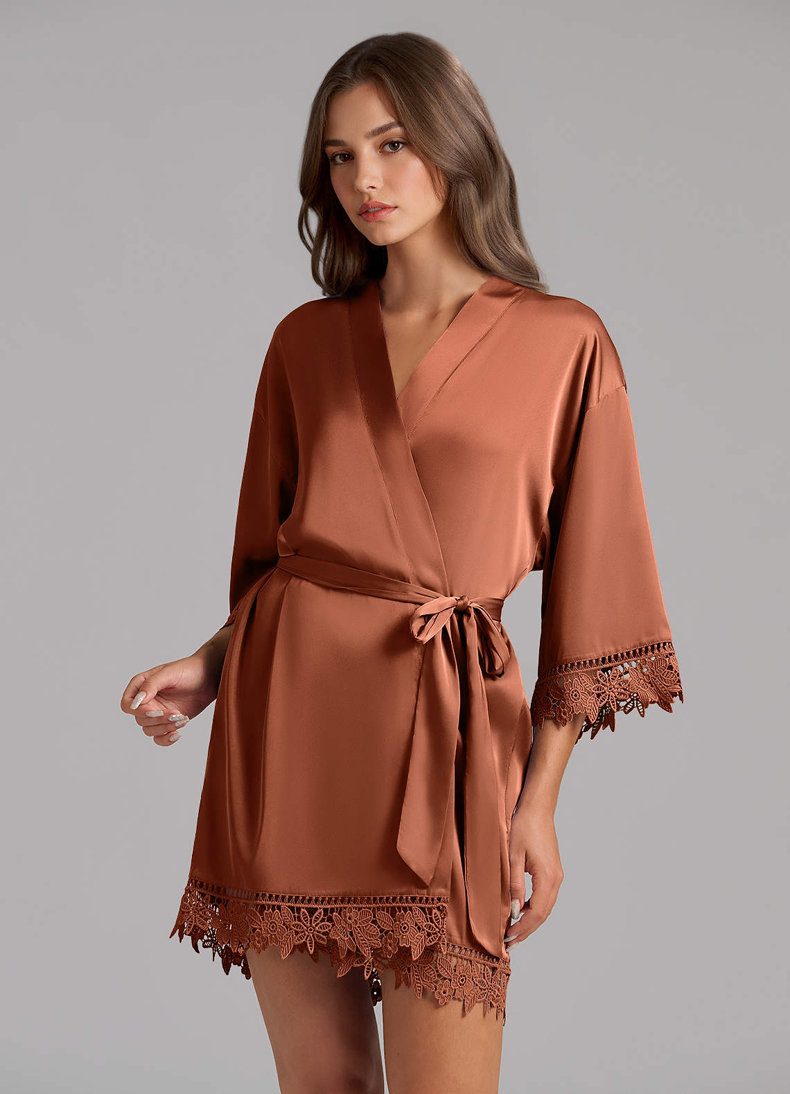 front Matching Color Satin Lace Robe