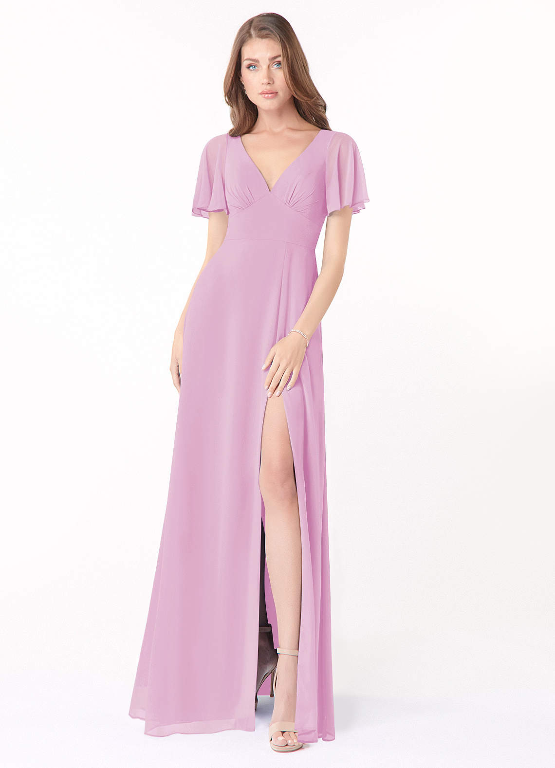 Azazie Kimber Bridesmaid Dresses Candy Pink A-Line Flounce Sleeve Chiffon Dress image1