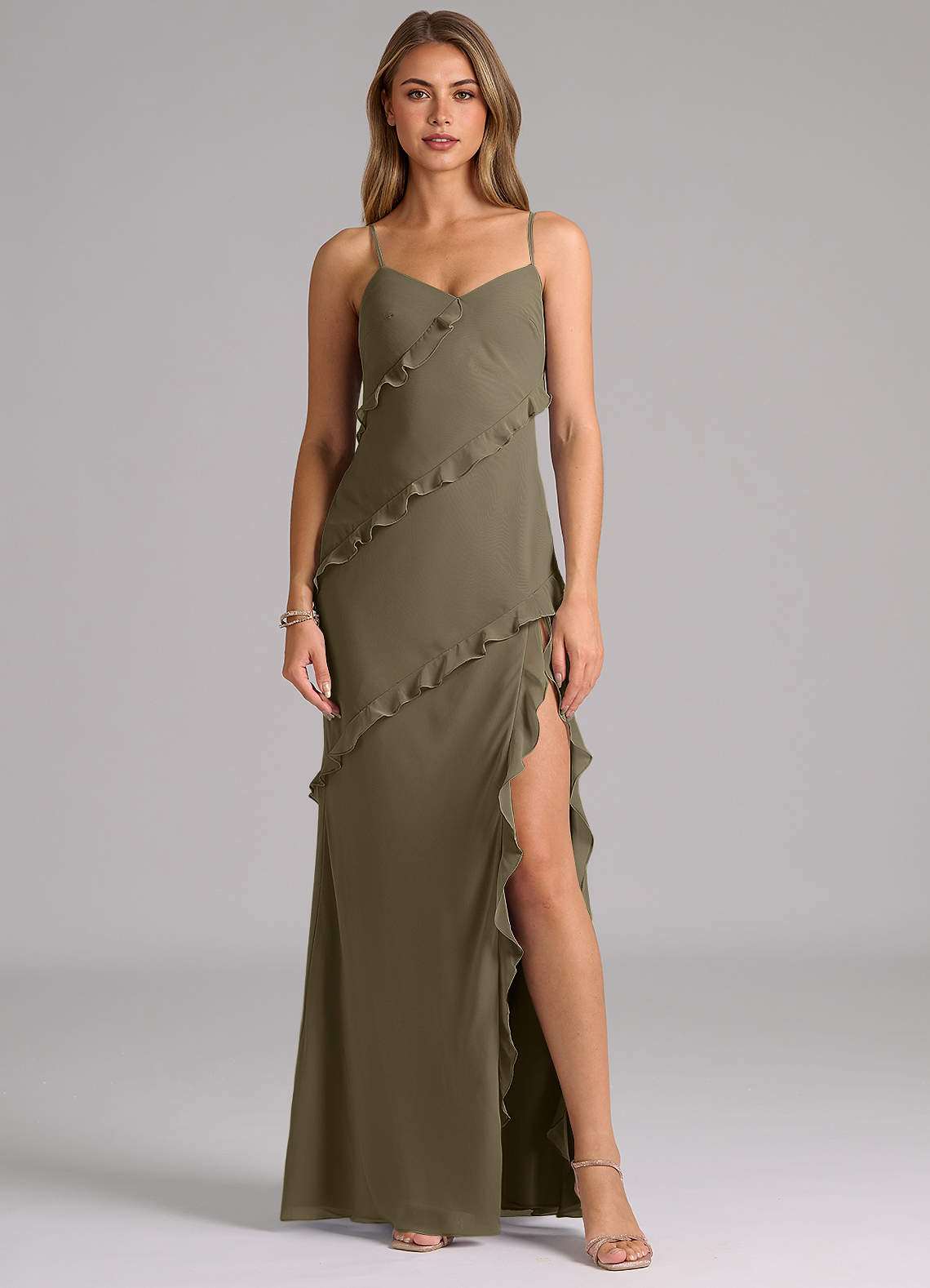 Azazie Nancie Abiti da Damigella Abito Sirena in Chiffon Increspato Willow Green image1