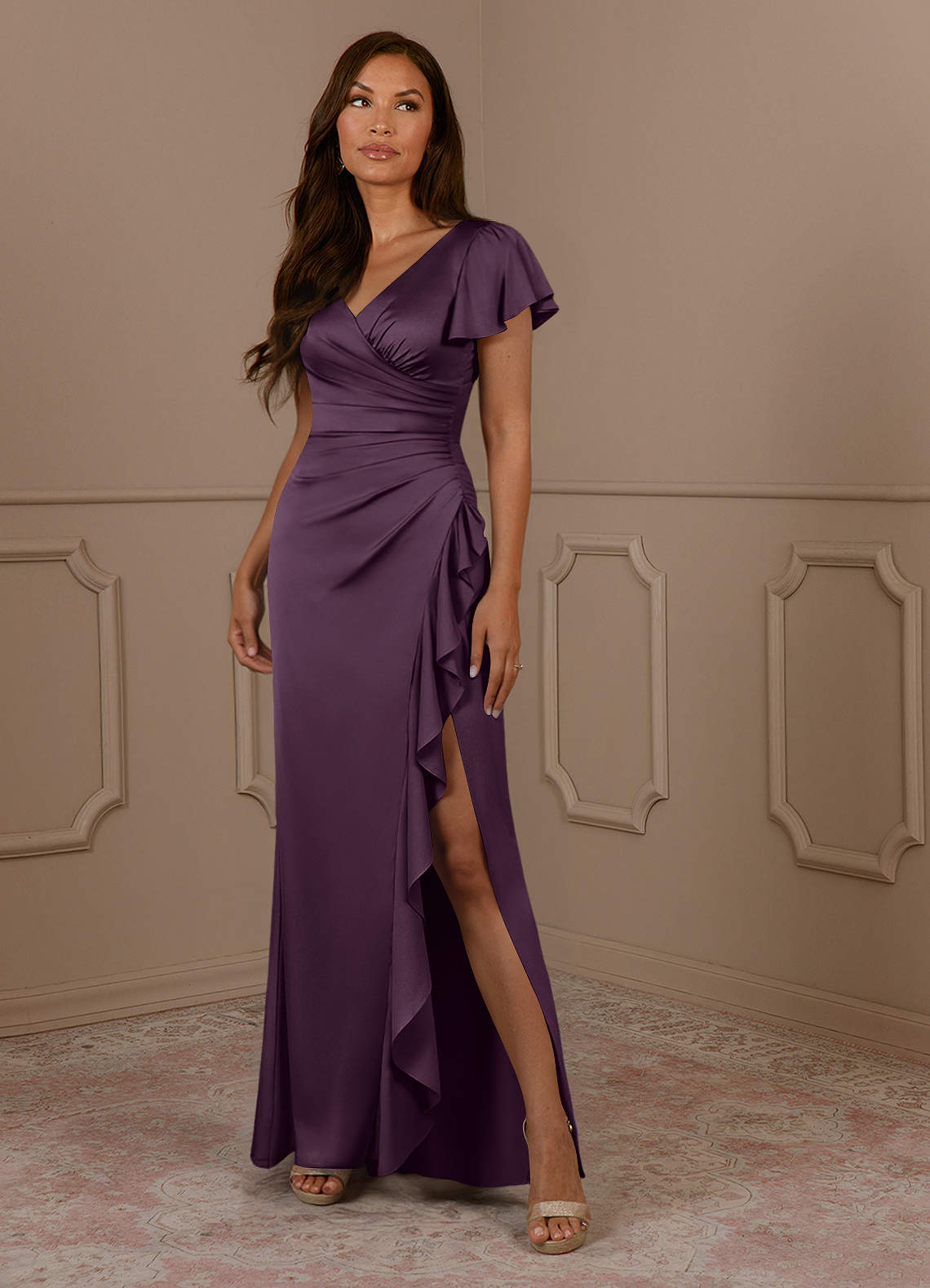 Azazie Roya Kleider für die Brautmutter Meerjungfrau-Linie Plissee mit V-Ausschnitt Stretch-Satin Kleid Pflaume image1