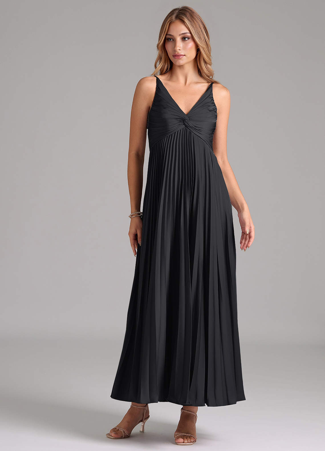 Azazie Raychelle At-home Try On Dresses Black A-Line Pleated Stretch Satin Dress image1