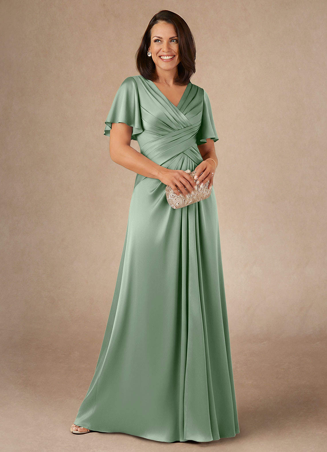 Azazie Emmeline Mother of the Bride Dresses Matcha A-Line Pleated Stretch Satin Dress image1