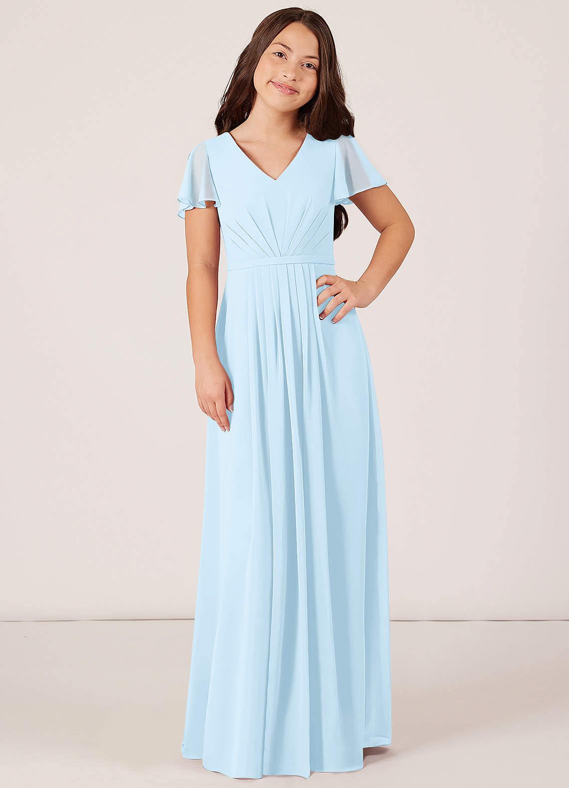 Azazie Peony Junior Sky Blue A-Line Pleated Chiffon Dress image1