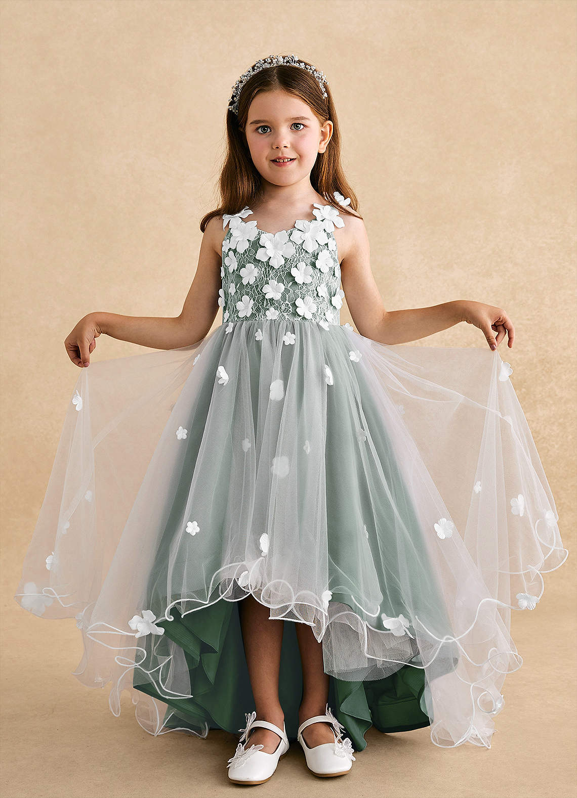 Azazie Celia Flower Girl Dresses Eucalyptus A-Line Lace Tulle Dress image3