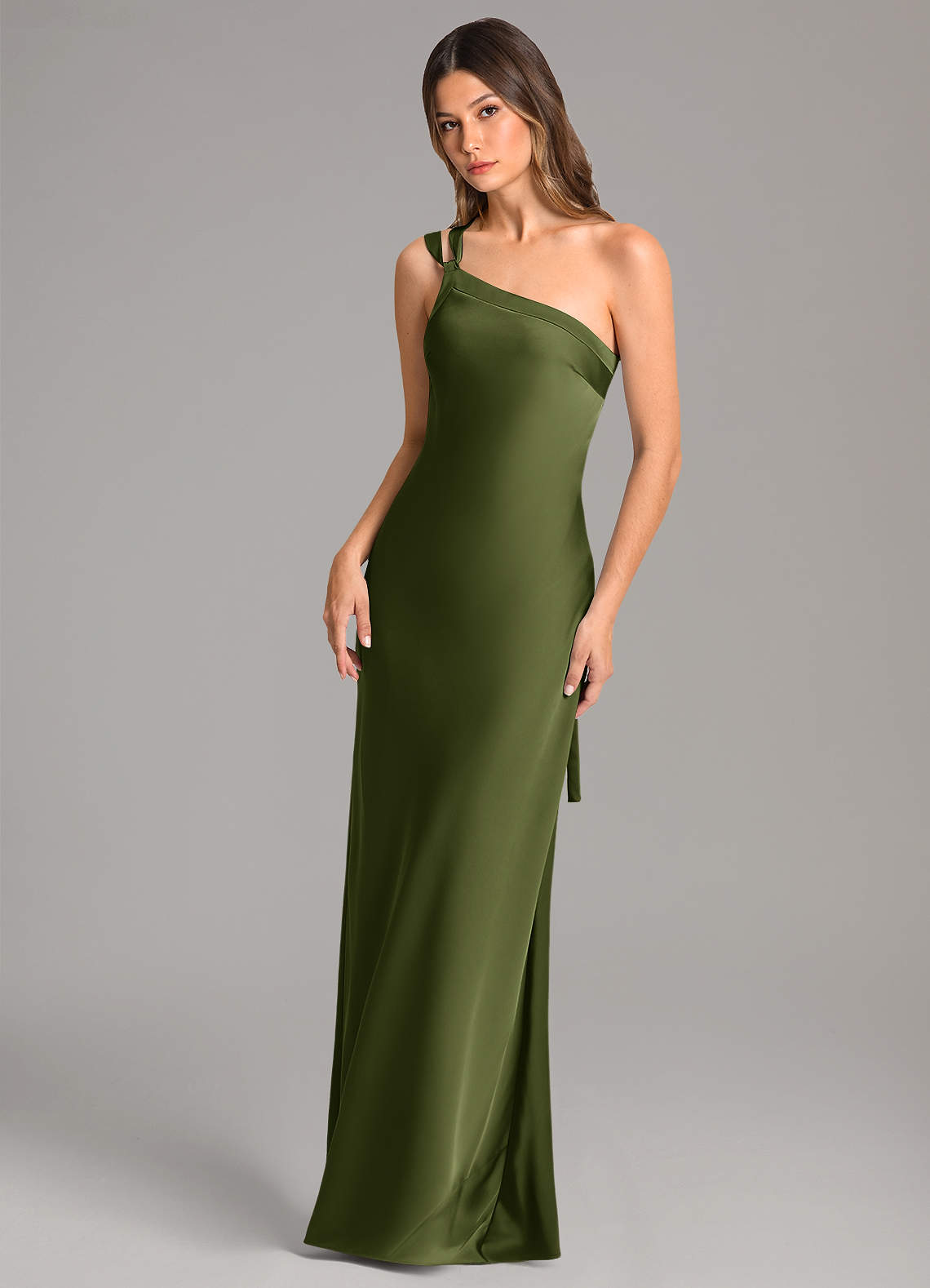 Azazie Monroe Essayer des robes à la maison Robe Sirène en Satin extensible Ue épaule Rose Perle image2