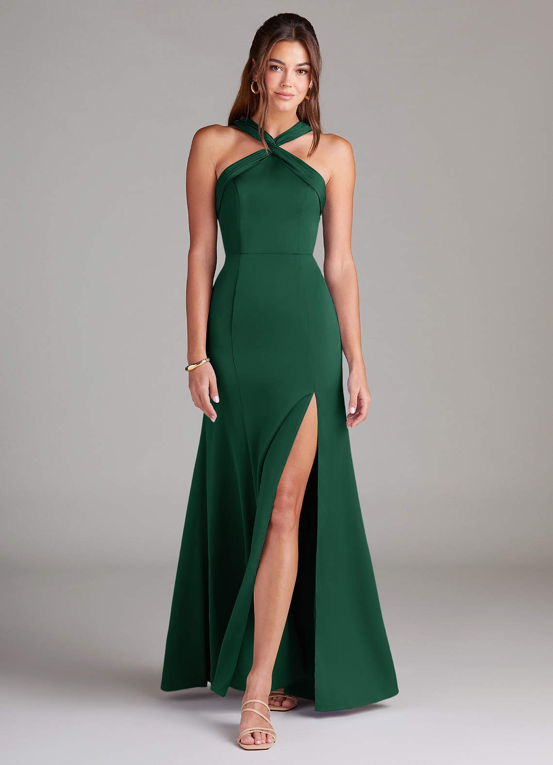 Azazie Rue Bridesmaid Dresses Dark Green A-Line Pleated Stretch Satin Dress image2