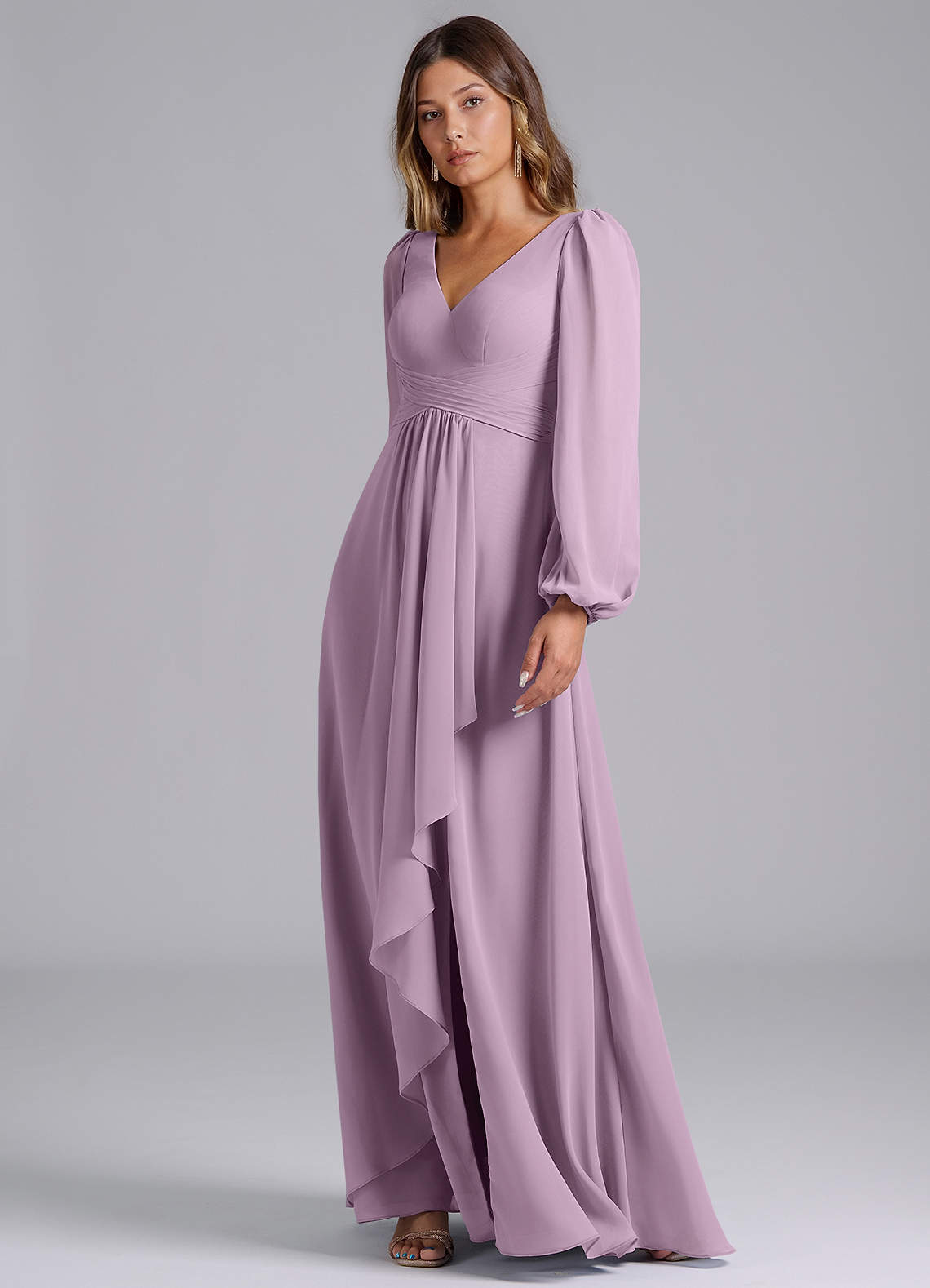 wisteria chiffon bridesmaid dress Azazie A-Line V-Neck Long Sleeve Floor-Length Dresses Details Silhouette YGroup_AM-TL-10529 Paniaguakarla wears the coveted Bottom Size:L - 32