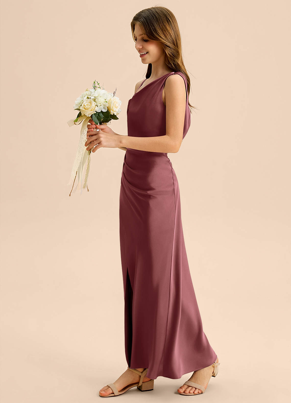 Azazie Madelyn Junior Robe Fourreau en Satin extensible Épaule décolletée Améthyste image2