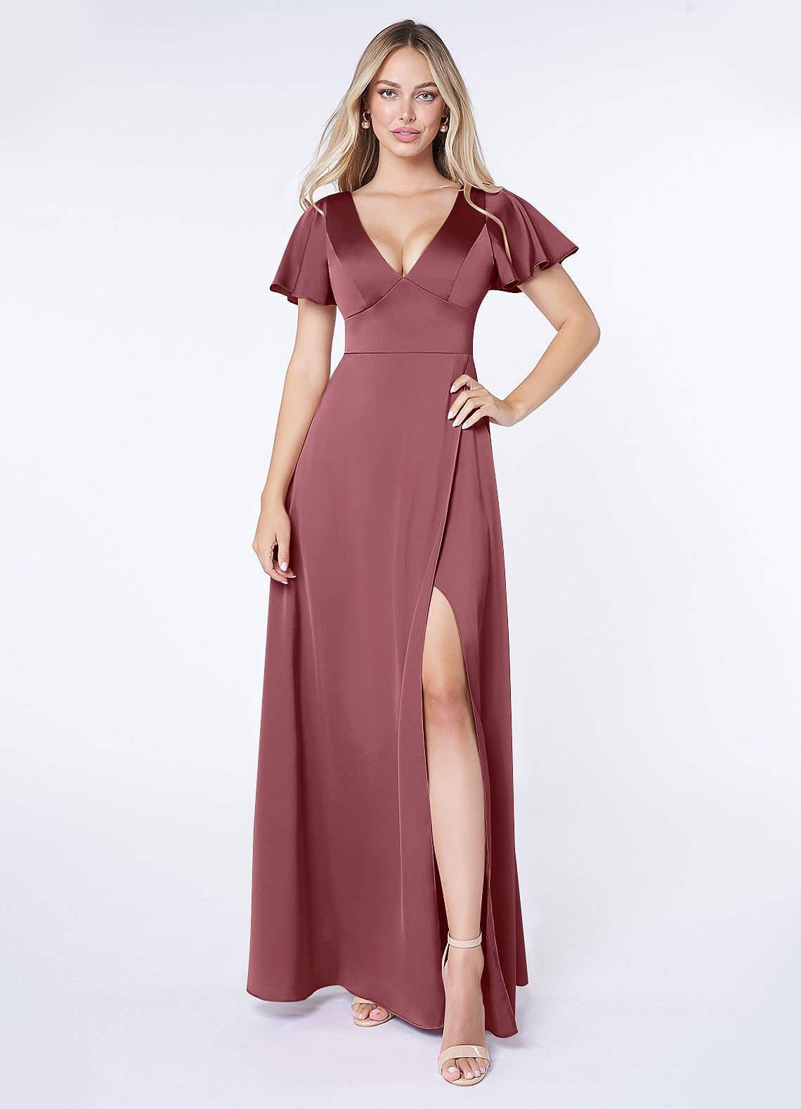 Azazie Lani Bridesmaid Dresses Desert Rose A-Line Flounce Sleeve Stretch Satin Dress image1