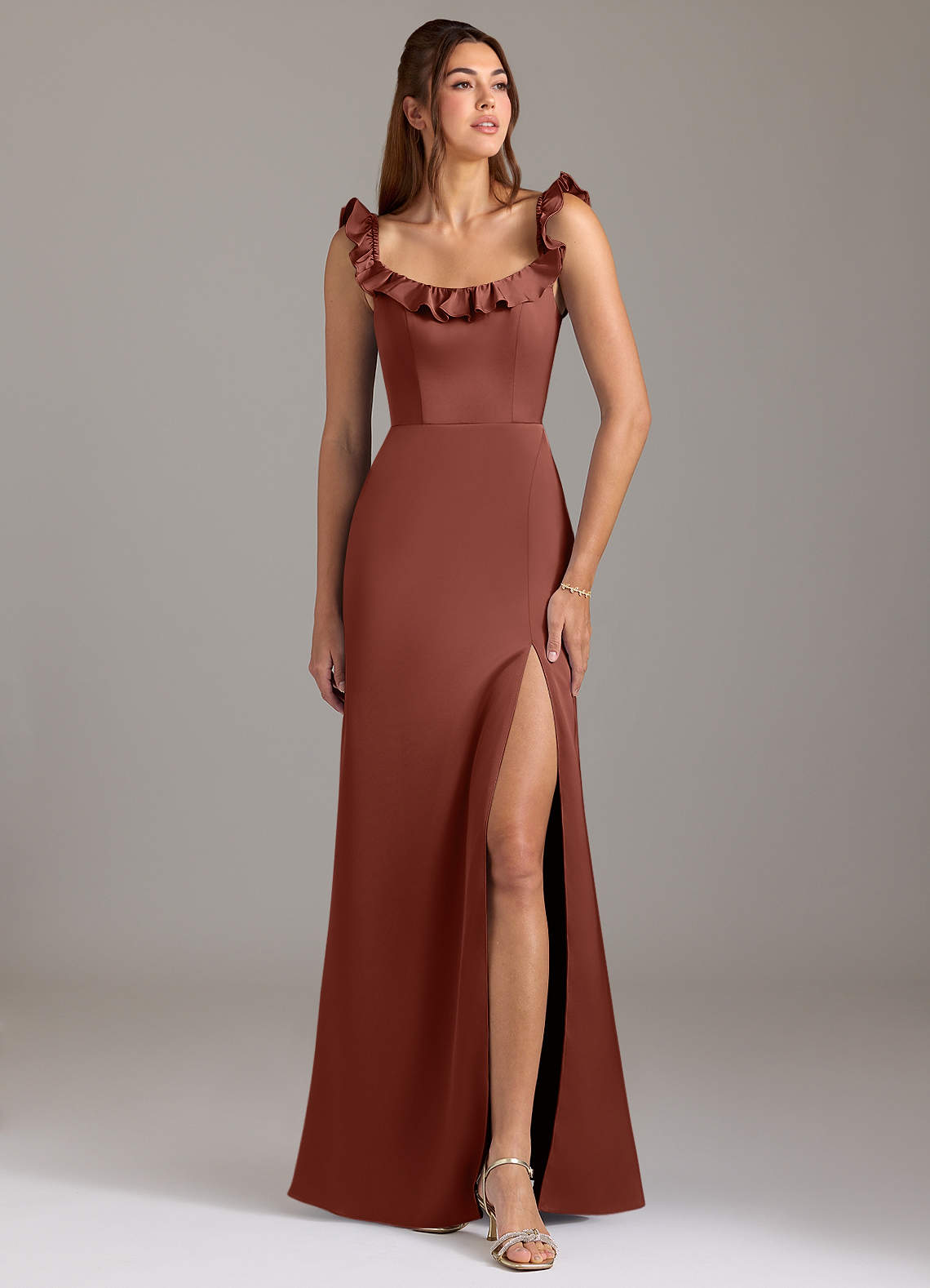 Azazie Callie Bridesmaid Dresses Auburn A-Line Ruched Stretch Satin Convertible Dress image1