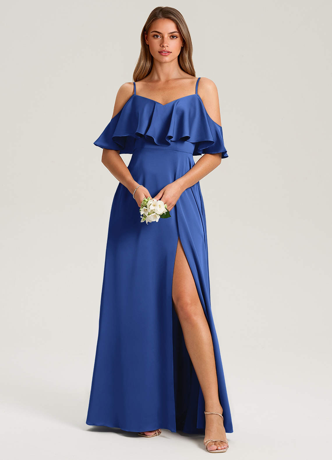 Azazie Jean Bridesmaid Dresses Royal Blue A-Line Off the Shoulder Stretch Satin Dress image1
