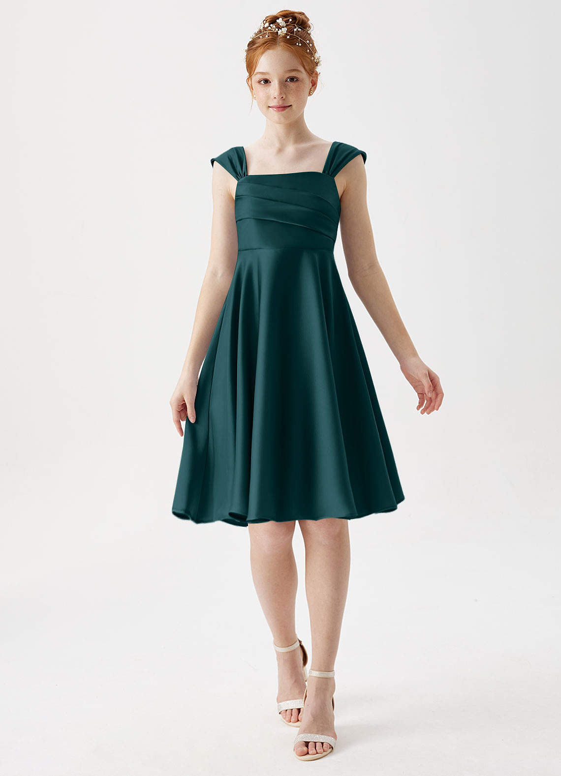 Azazie Amira Junior Pine A-Line Pleated Stretch Satin Dress image1