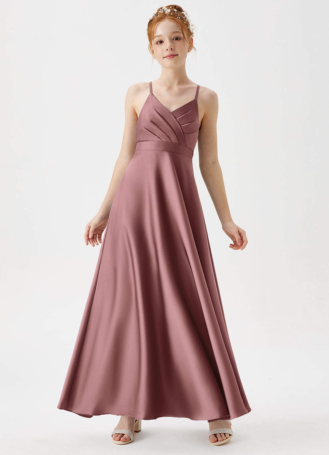 Azazie Avelina Junior Vintage Mauve A-Line Pleated Stretch Satin Dress image1