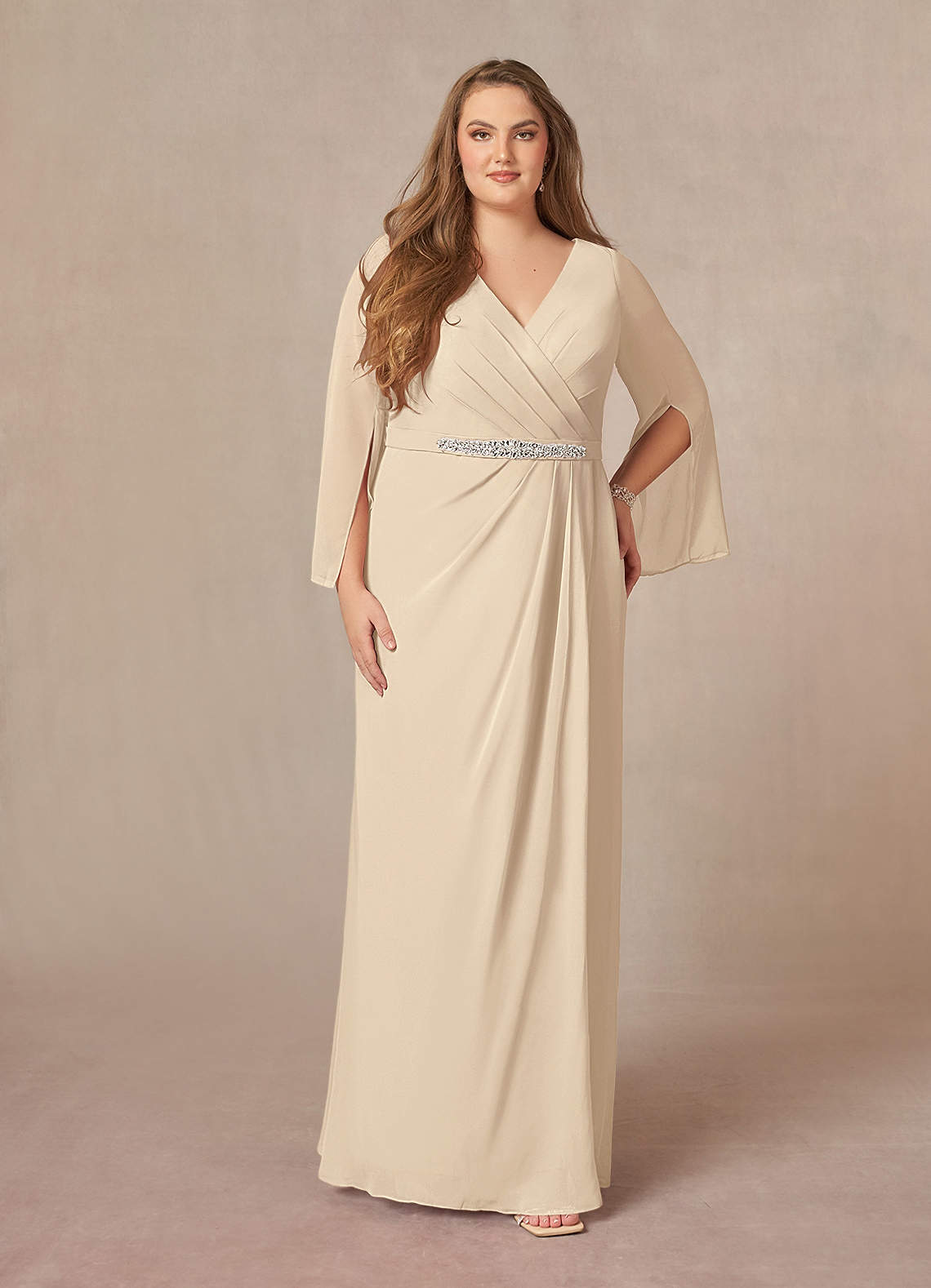 Azazie Belinda Champagne A-Line V-Neck Pleated Chiffon Dress