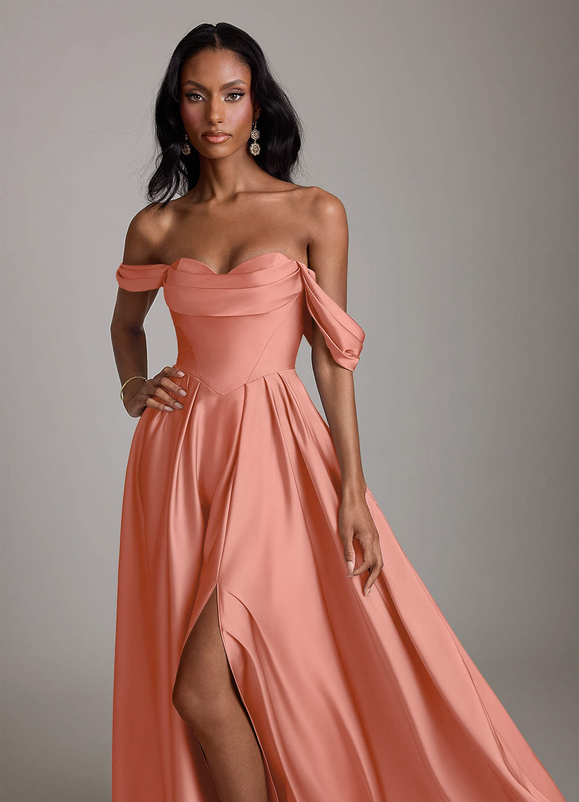 Azazie Loisa Salmon Pink Stretch Satin Bridesmaid Dresses | Azazie Azazie Loisa Salmon Pink Stretch Satin Bridesmaid Dresses | Azazie