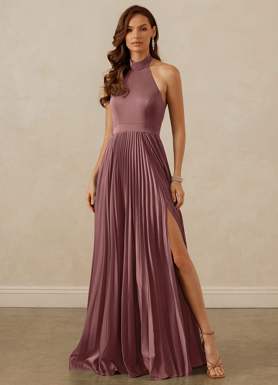 Christian Siriano Bridal for Azazie 1007 Bridesmaid Dresses Vintage Mauve A-Line Pleated Stretch Satin Dress image1