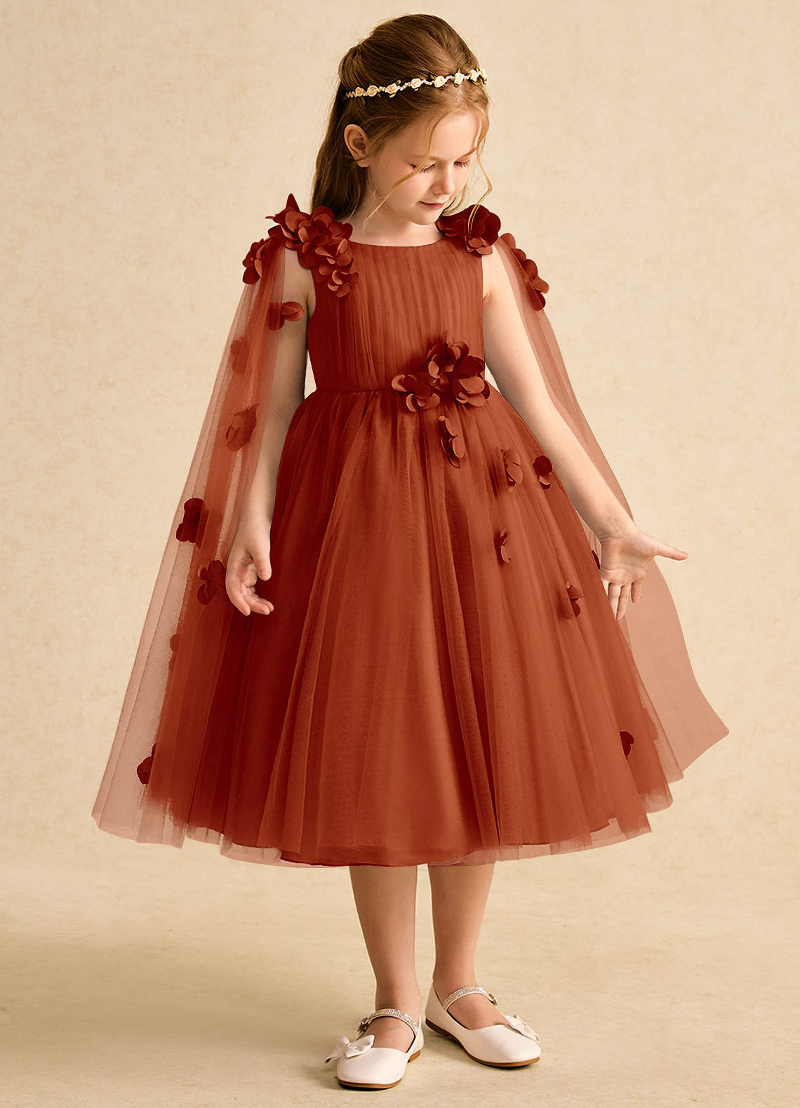 Azazie Staria Flower Girl Dresses Paprika Ball-Gown Ruched Tulle Dress image6