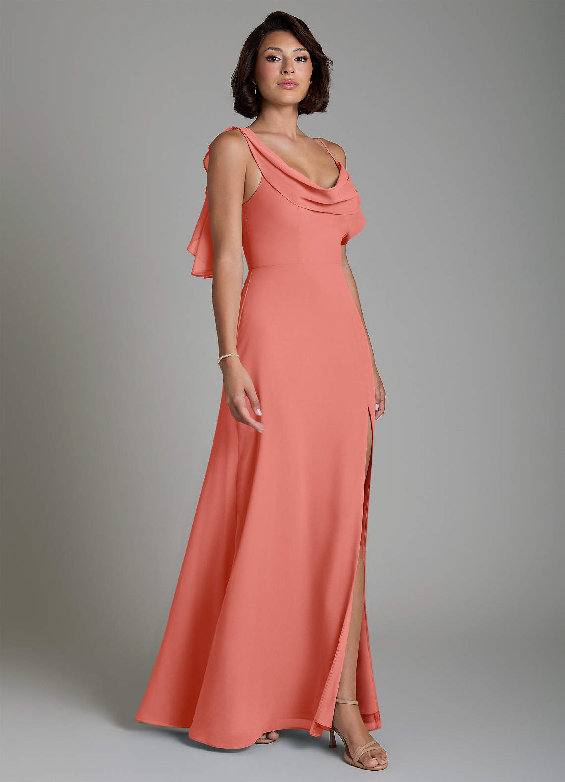 salmon bridesmaid dresses Kai Dress it holds and enhances the bust Azazie A-Line Cowl Neck Floor-Length