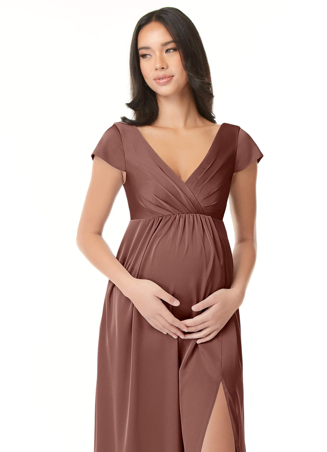 Azazie Allessia vestidos de dama de honor de maternidad Vestido de Corte En A Plisado Hasta el suelo Satén Elástico image4