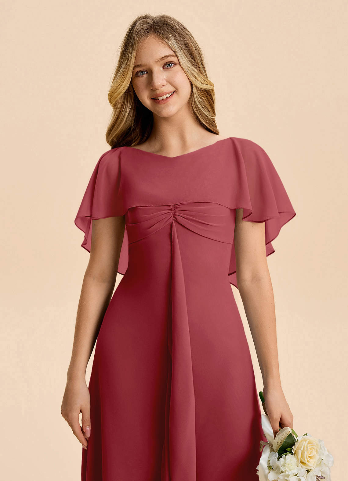 Azazie Selena Junior Pomegranate A-Line Ruched Chiffon Dress image6