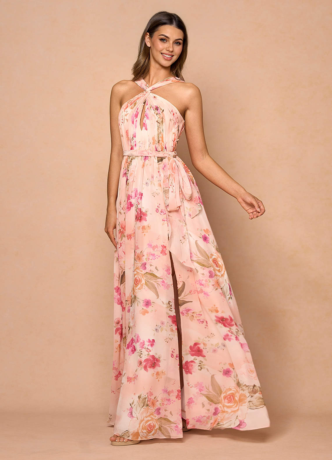 fancy maxi dresses with sleeves BROWN V-NECK LONG-SLEEVE MAXI DRESS | CULT MIA